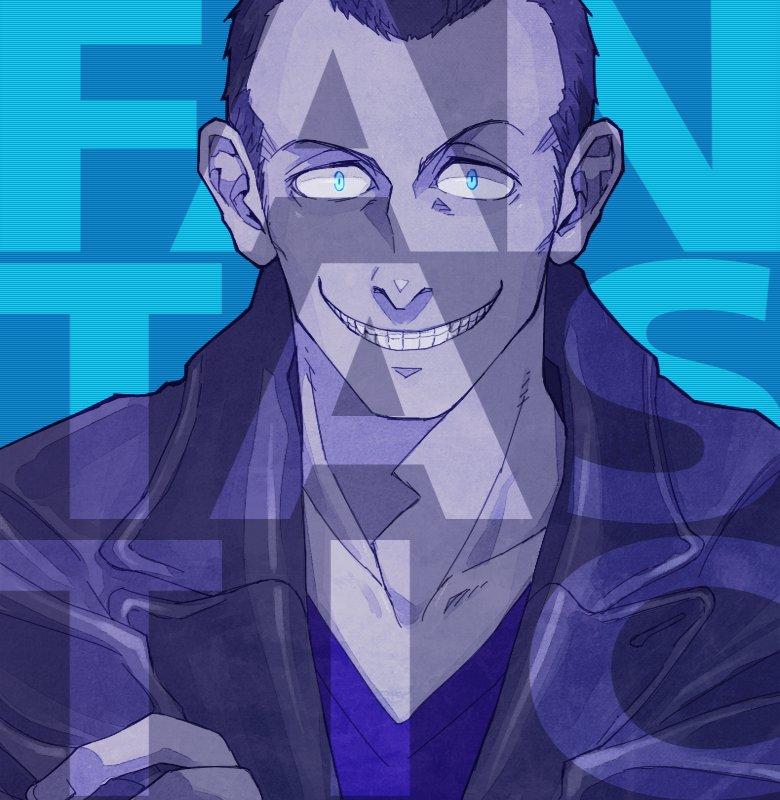 1boy, armkreuz, black_hair, doctor_who, fantastic, grin, jacket, male, ninth_doctor, rape_face, smile, tagme
