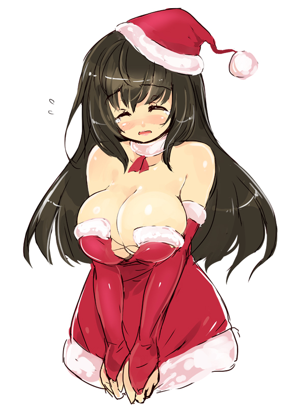 1girl, bare_shoulders, black_hair, blush, breasts, bridal_gauntlets, choker, christmas