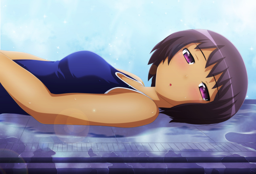 1girl, blue_swimsuit, blush, breasts, dokurou_skull, highres, kami_nomi_zo_shiru_sekai, lens_flare
