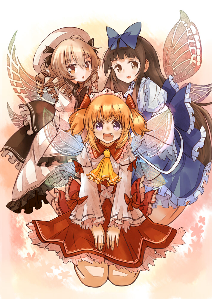 >:d, 3girls, :d, ascot, black_hair, blonde_hair, bow, brown_eyes