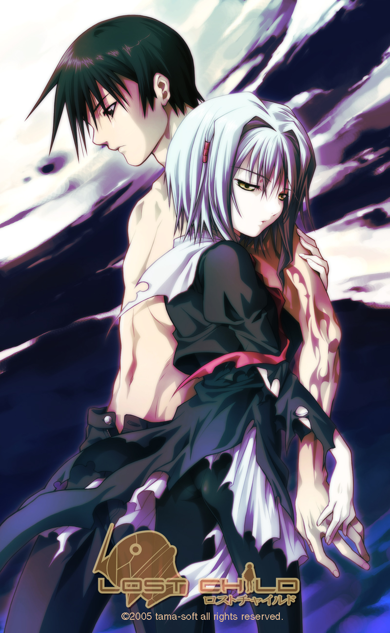 ai_(lost_child), amber_eyes, arm_hug, black_eyes, black_hair, highres, lost_child_(game), shouji_tokitou