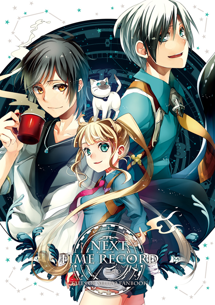 1girl, 2boys, animal_on_head, black_hair, brown_eyes, brown_hair, cat, cat_on_head, copyright_name, cover, cover_page, cup, elle_mel_martha, green_eyes, houhou_(black_lack), jude_mathis, kolulu_(tales), long_hair, ludger_will_kresnik, mug, multicolored_hair, multiple_boys, necktie, shirt, shorts, smile, spoilers, suspenders, tales_of_(series), tales_of_xillia, tales_of_xillia_2, twintails, two-tone_hair, white_hair