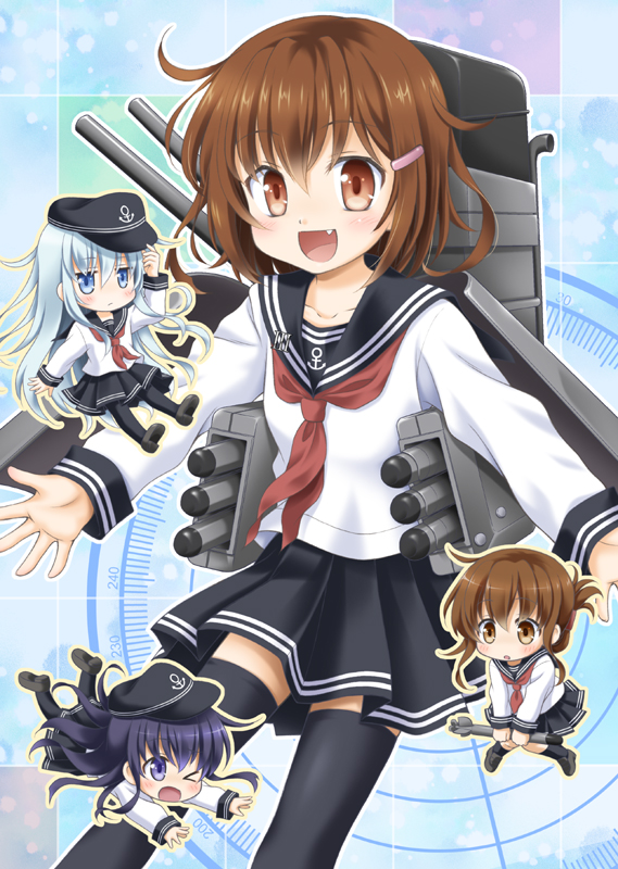 4girls, akatsuki_(kantai_collection), black_hair, black_legwear, blue_eyes, brown_eyes, brown_hair, fang