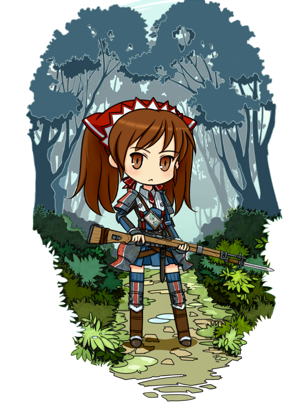brown_eyes, brown_hair, chibi, forest, gloves, gun, headdress, highres, long_hair, military, military_uniform, rifle, senjou_no_valkyria, senjou_no_valkyria_1, skirt, thigh-highs, thighhighs, twintails, uniform, weapon, wood0083, wood_k, zettai_ryouiki