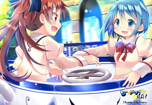 2girls, blue_eyes, blue_hair, blush, fang, gleision_adain, hair_ornament, hair_ribbon, hairclip, jewelry, long_hair, mahou_shoujo_madoka_magica, miki_sayaka, multiple_girls, open_mouth, ponytail, red_eyes, redhead, ribbon, ring, sakura_kyouko, school_uniform, short_hair, smile, spinning_teacup, tareme, tsurime