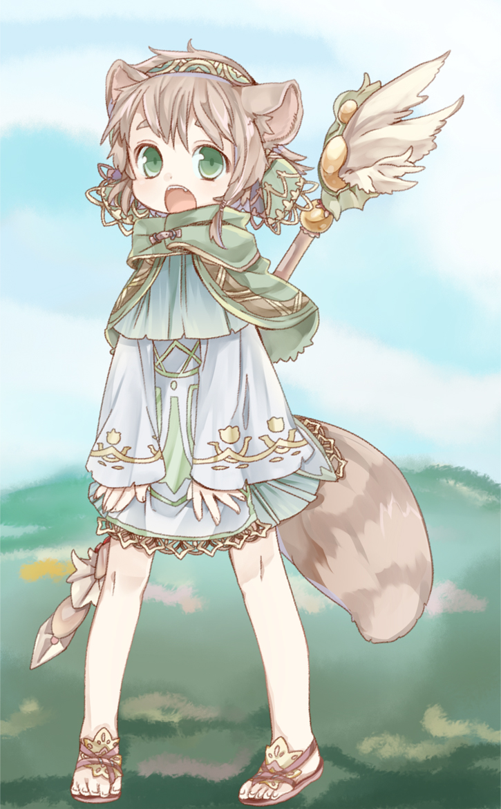 1girl, animal_ears, barefoot, brown_hair, capelet, dress, green_eyes, hairband