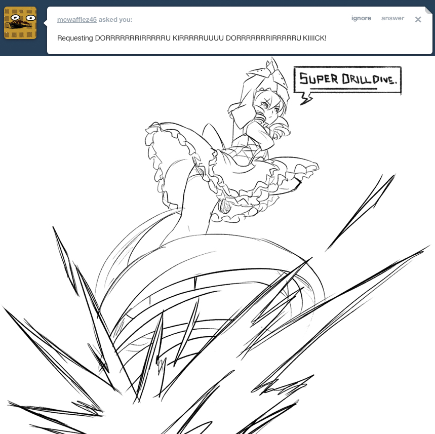 1girl, drill_kill, flying_kick, kicking, monochrome, original, sketch, solo
