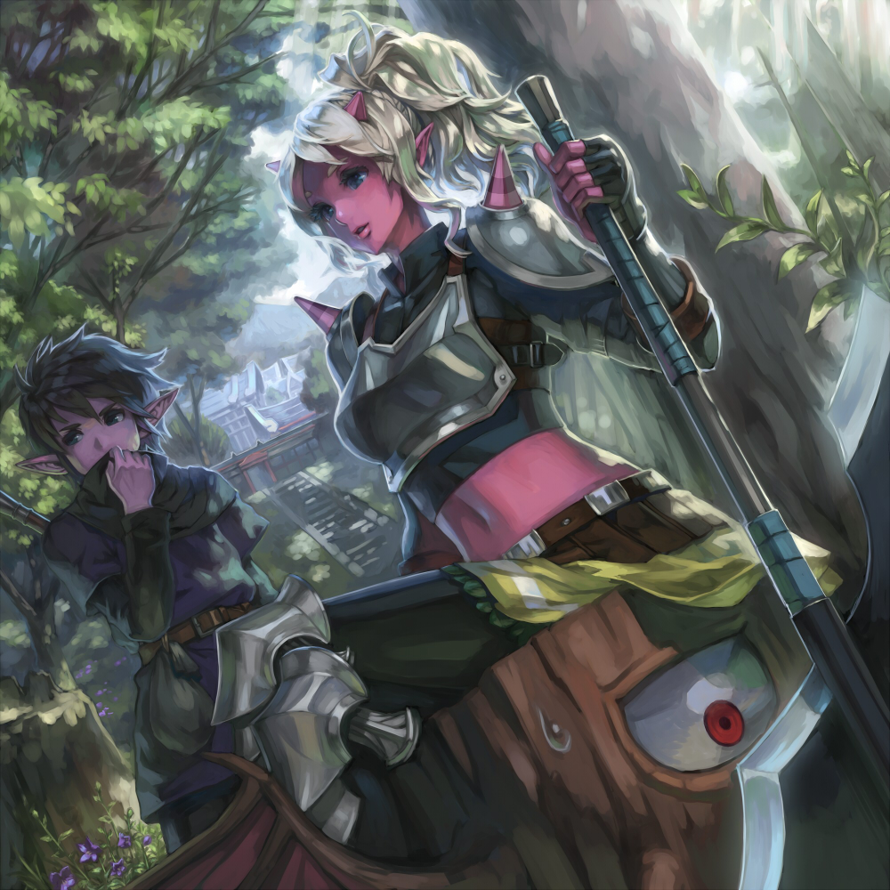 1boy, 1girl, armor, axe, black_hair, blue_eyes, crossed_legs_(sitting), dragon_quest