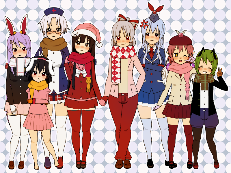 6+girls, \n/, alternate_hair_length, alternate_hairstyle, anger_vein, animal_ears, antennae, bare_legs