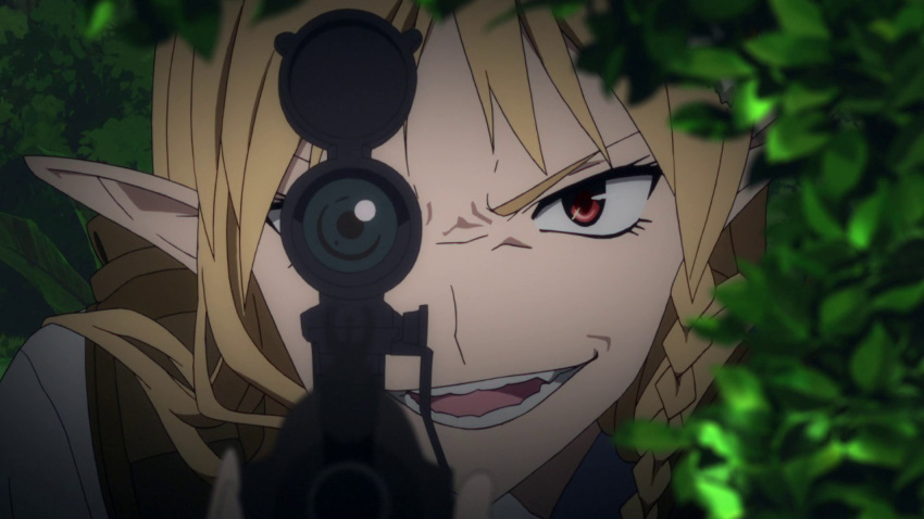 1girl, braid, elf, gun, highres, pointy_ears, red_eyes, sako_rk_95_(upotte!!), screencap, side_braid, single_braid, smile, upotte!!, weapon
