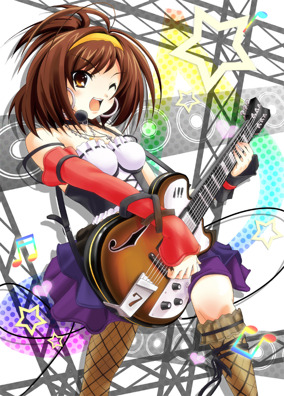 brown_eyes, brown_hair, detached_sleeves, dress, earrings, frills, guitar, headset