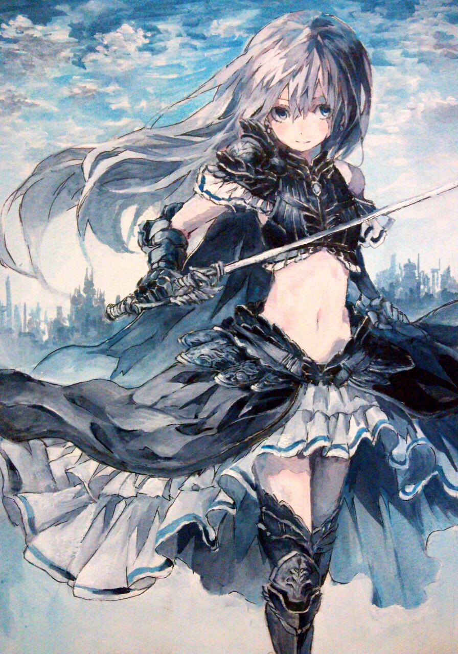 1girl, armor, armored_dress, boots, clouds, gloves, greaves, grey_eyes