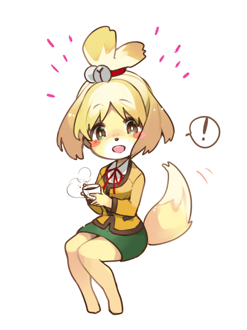 !, 1girl, animal_crossing, blonde_hair, blush_stickers, cardigan, cup, dog