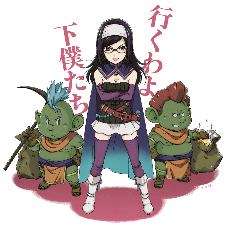 1girl, 2boys, :d, belt, blue_eyes, blue_hair, breast_hold, breasts