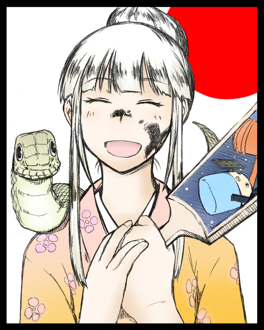 bangs, blunt_bangs, hair_up, hakudou_yayoi, highres, hoshi_no_samidare, japanese_clothes, japanese_flag