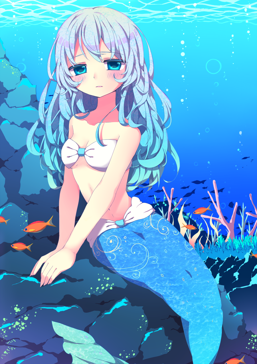 1girl, aoi_rena, blue_eyes, blue_hair, breasts, bubble, cleavage, coral