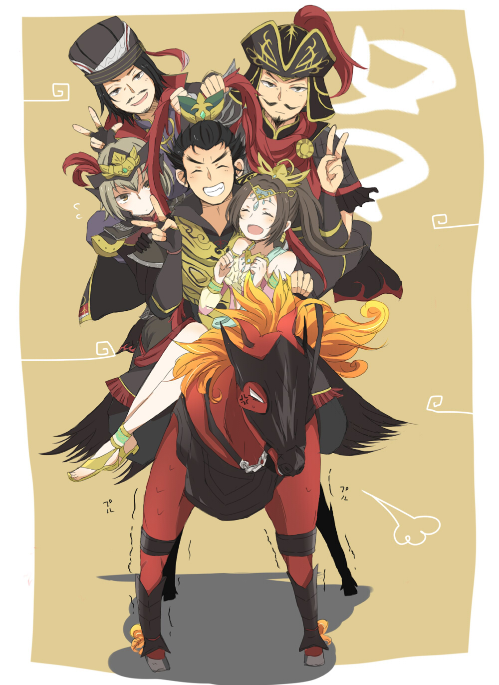 2girls, 3boys, ^_^, anger_vein, black_hair, brown_eyes, brown_hair, chen_gong