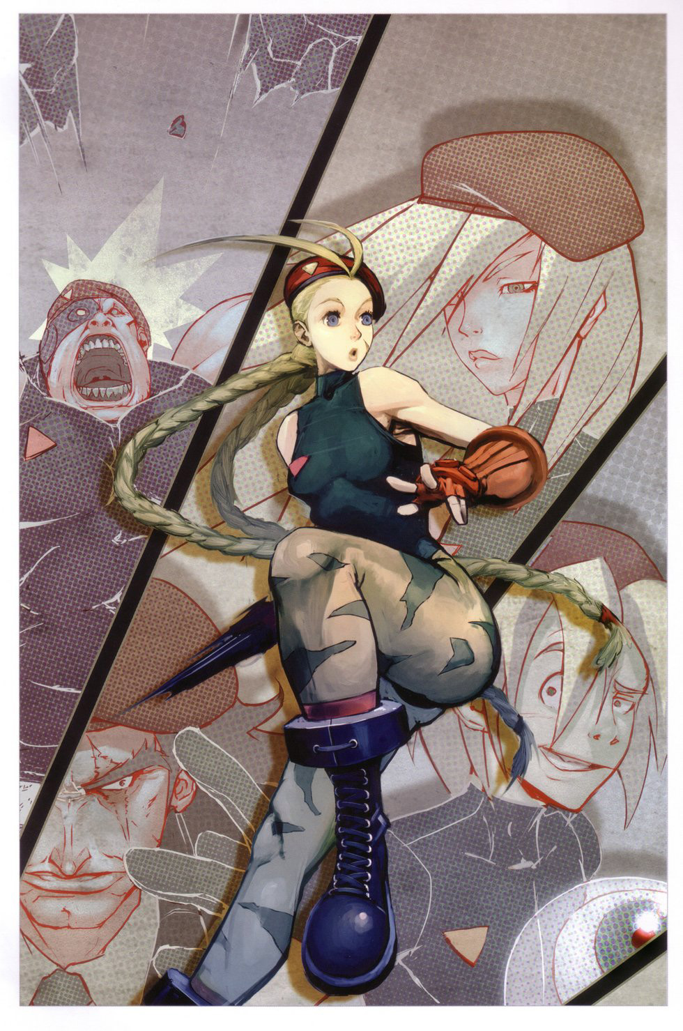 bare_shoulders, beret, blonde_hair, blue_eyes, bodypaint, boots, braid, breasts, burke, cammy_white, camouflage, capcom, colonel_wolfman, delta_red, doe, fingerless_gloves, george_ginzu, ginzu, gloves, hat, highres, keith_wolfman, leg_lift, leotard, lipstick, lita_luwanda, long_hair, matthew_mccoy, mc_coy, military, open_mouth, scar, solo, street_fighter, street_fighter_ii, sven, teeth, thighs, turtleneck, twin_braids, very_long_hair, w._watson