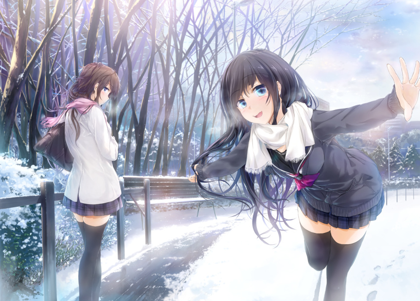 2girls, :d, bag, black_hair, black_legwear, blue_eyes, brown_hair, fang