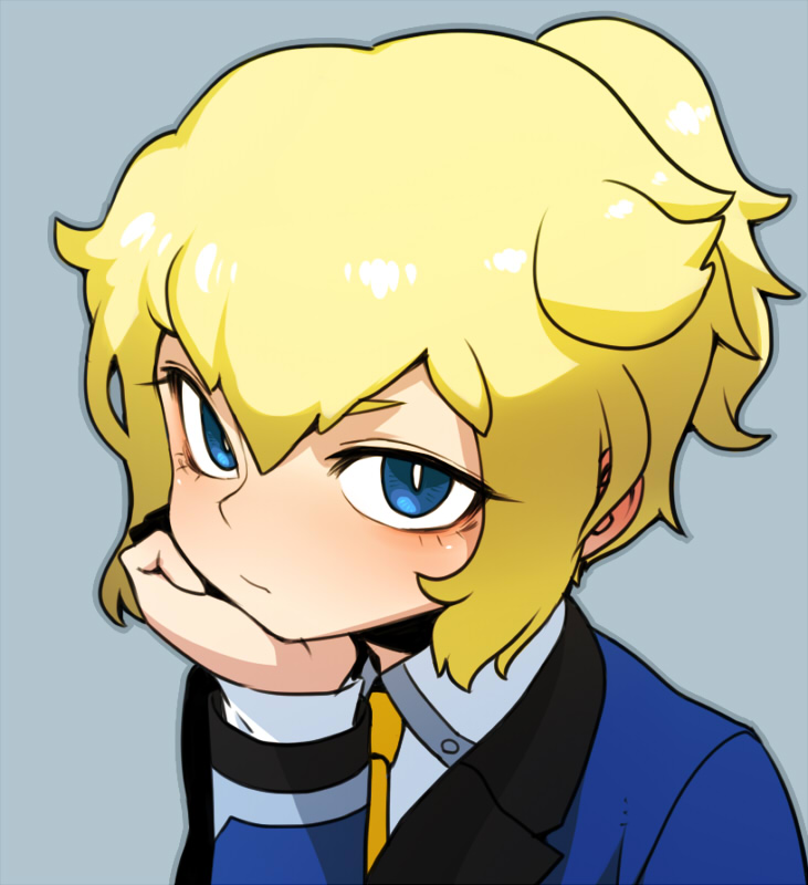 1boy, blonde_hair, blue_eyes, blush, chin_rest, danball_senki, danball_senki_wars, face