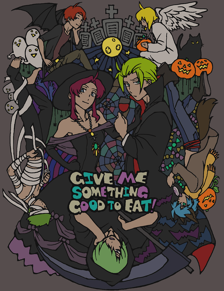 auel_neider, bandage, bandages, clotho_buer, demon_wings, english, flay_allster, gundam, gundam_seed, gundam_seed_destiny, halloween, hat, jack-o'-lantern, jack-o-lantern, orga_sabnak, pumpkin, satou_kivi, scythe, shani_andras, stellar_loussier, sting_oakley, wings, witch_hat
