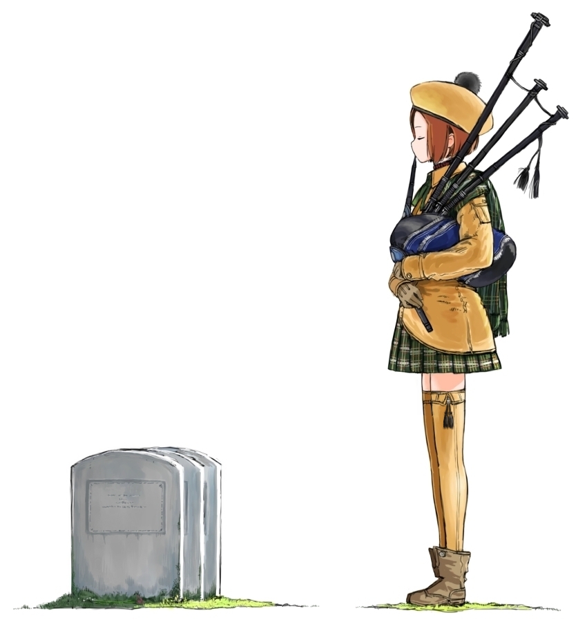 1girl, bagpipes, brown_hair, closed_eyes, coh, grave, graveyard, hat