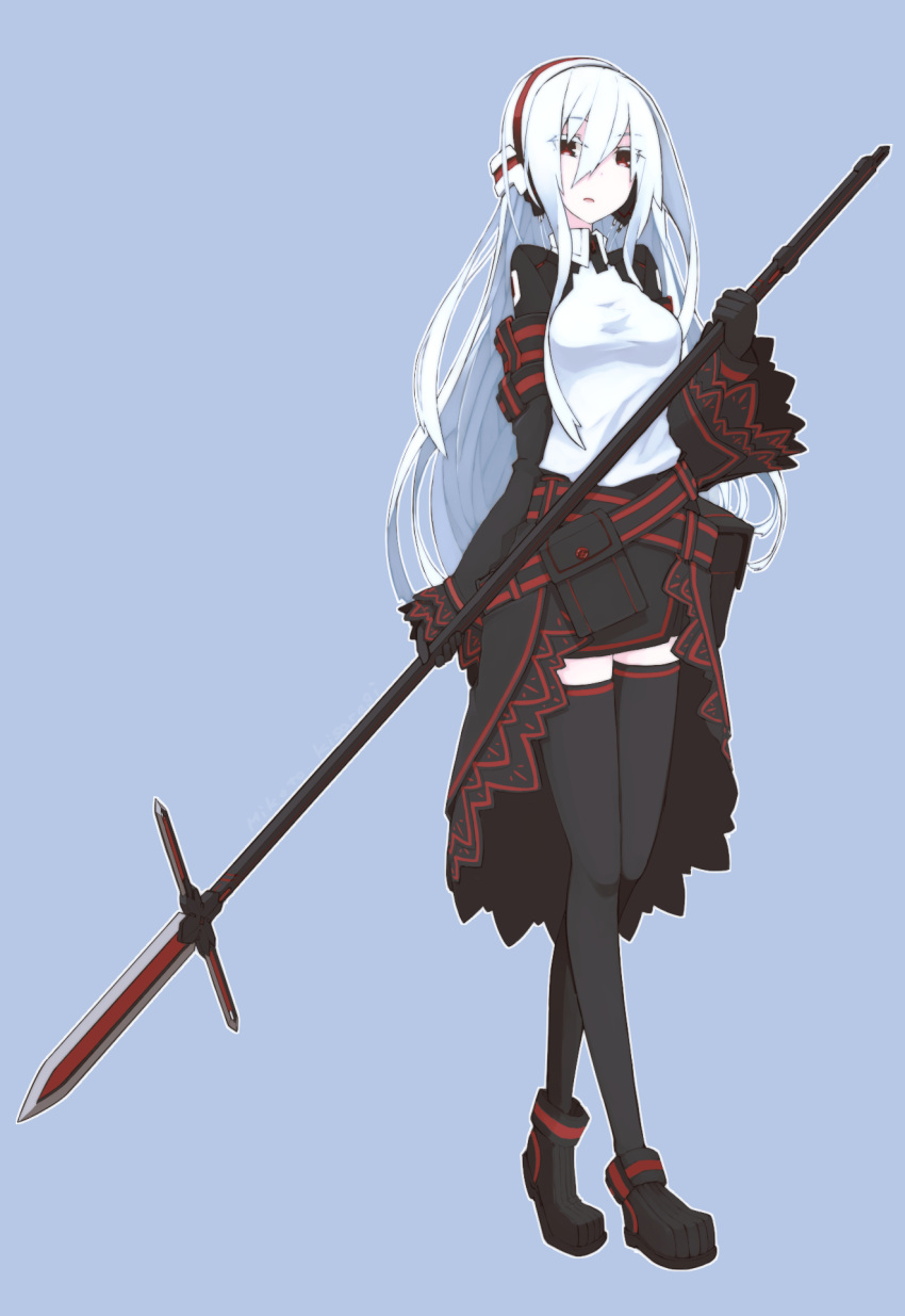 1girl, albino, aneacard_cinnabari_(oi+), belt_pouch, gloves, headgear, highres, long_hair