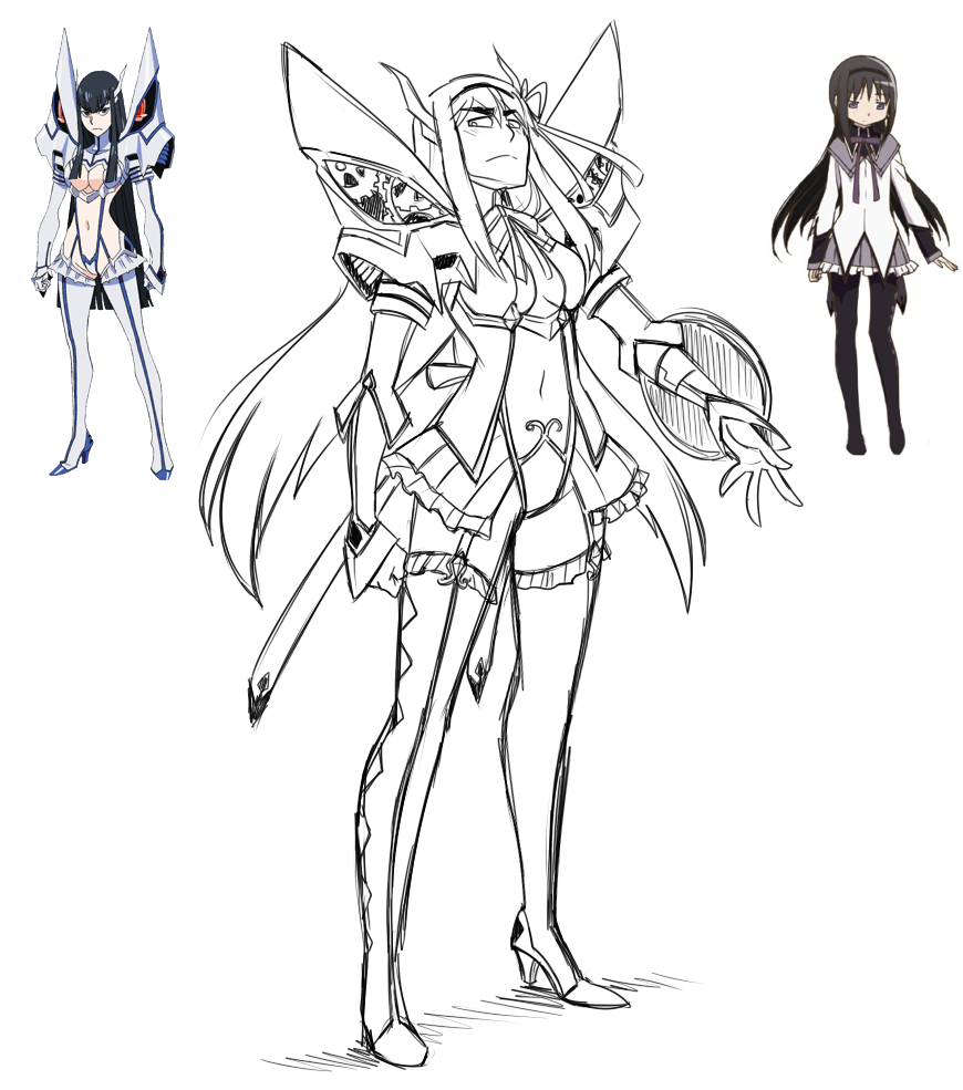 1girl, akemi_homura, argyle, argyle_legwear, bechno_kid, boots, fusion, gears
