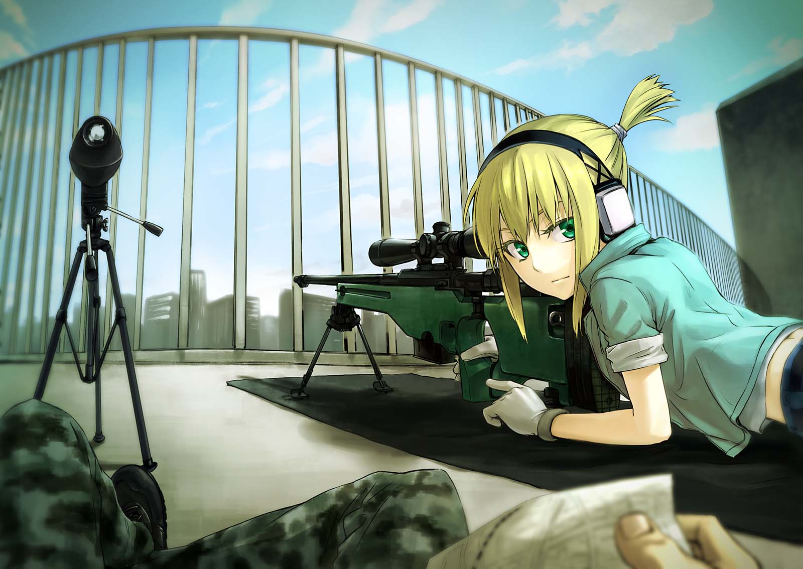 ear_protection, gloves, gou_(double_trigger), green_eyes, gun, headphones, highres, iris_(material_sniper)
