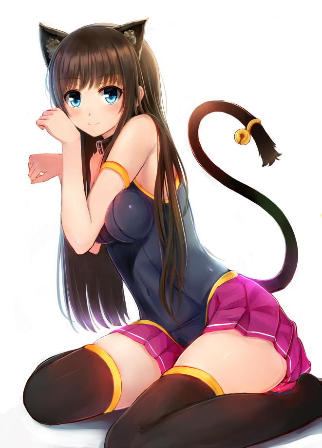1girl, animal_ears, arm_strap, bell, black_legwear, blue_eyes, blush, breasts