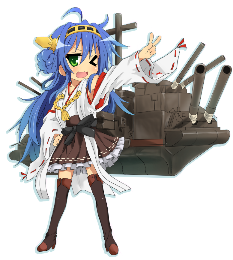 1girl, ;3, ahoge, bare_shoulders, blue_hair, boots, cosplay, detached_sleeves