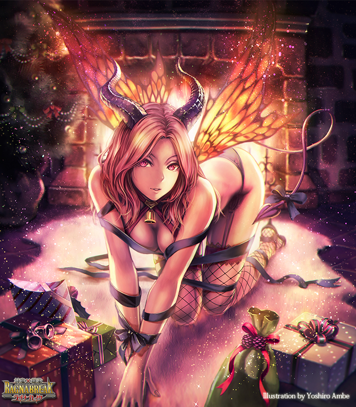 1girl, all_fours, anbe_yoshirou, bell, breasts, brown_hair, butterfly_wings, christmas_tree, cleavage, demon_girl, fire, fireplace, fishnet_legwear, fishnets, garter_straps, gift, hands_tied, horns, long_hair, official_art, panties, ragna_break, red_eyes, ribbon, solo, tail, tail_ribbon, thighhighs, underwear, wings