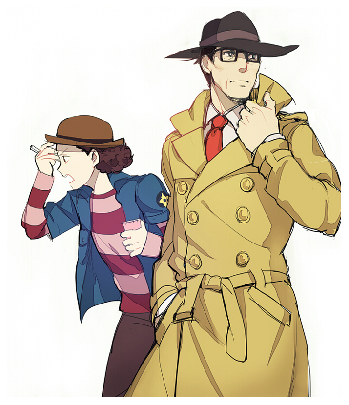 2boys, black_eyes, black_hair, border, bowler_hat, curly_hair, fedora, glasses