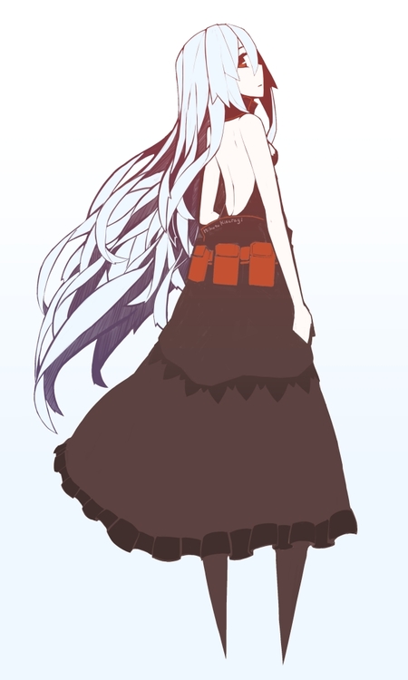 1girl, albino, aneacard_cinnabari_(oi+), back, bare_shoulders, belt, dress, long_hair