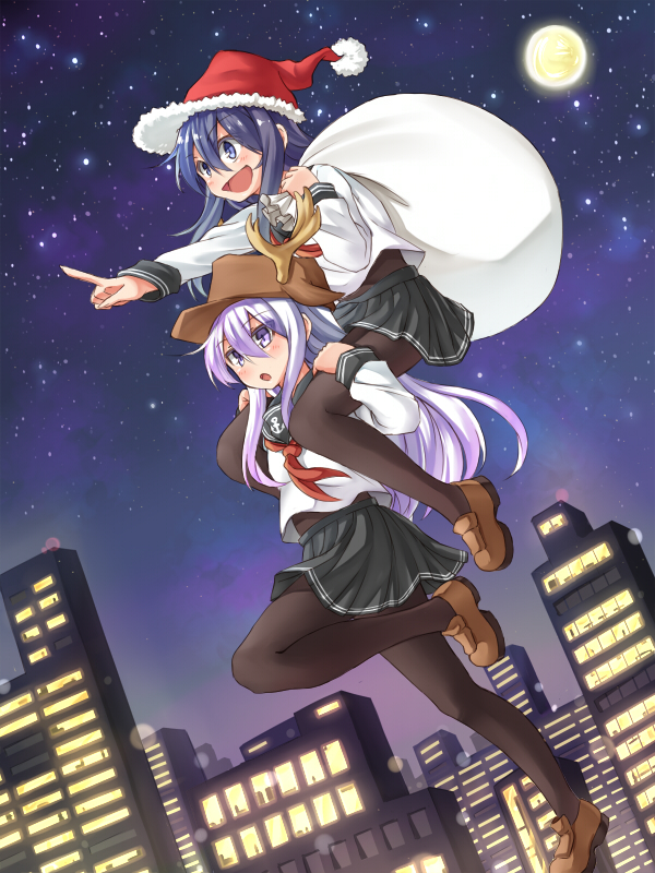 2girls, akatsuki_(kantai_collection), antlers, blue_eyes, blue_hair, carrying, full_metal_jacket, hat