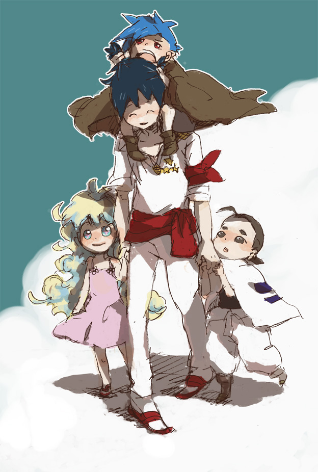 chibi, dress, hair_pull, hand_holding, holding_hands, kamina, mizumi_(pixiv), nia_teppelin, role_reversal, rossiu, simon, tengen_toppa_gurren_lagann, time_paradox