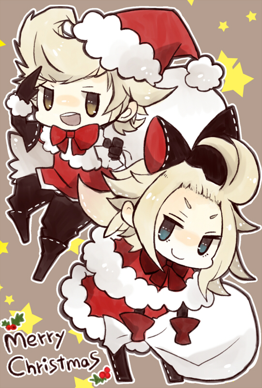 blonde_hair, bravely_default:_flying_fairy, brown_eyes, christmas, edea_lee, gloves, hat, long_hair, pmsiguma, ribbon, ringabell, sack, salute, smile