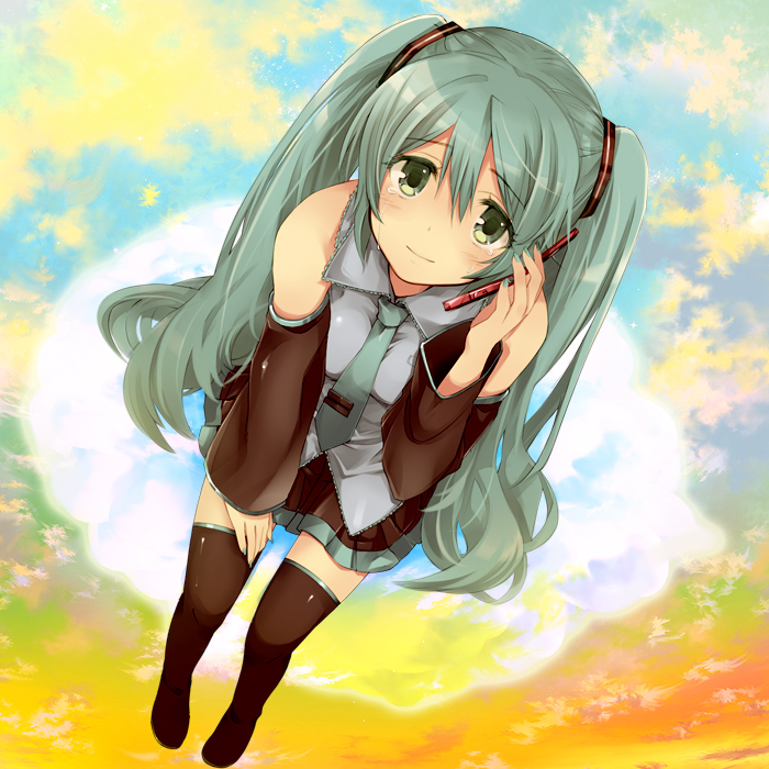 aqua_eyes, aqua_hair, bad_id, cellphone, fujita_yamari, hands, hatsune_miku, legs, long_hair, necktie, phone, sitting, solo, tears, thighhighs, twintails, vocaloid