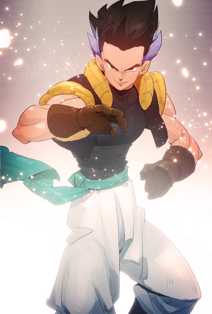 1boy, black_hair, dragon_ball, dragon_ball_z, fusion, gloves, gotenks, highres, looking_at_viewer, male, multicolored_hair, muscle, official_style, older, purple_hair, smile, solo, spiky_hair, supobi, two-tone_hair, vest