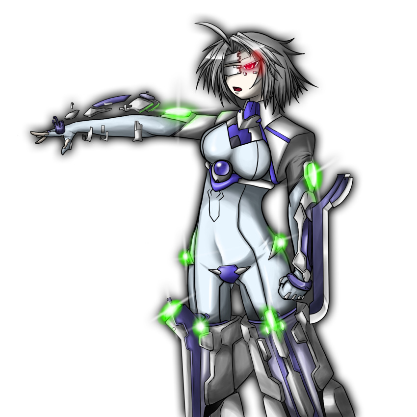 blazblue, eyepatch, grey_hair, mecha_musume, red_eyes, skin_tight, v-13, yosibou