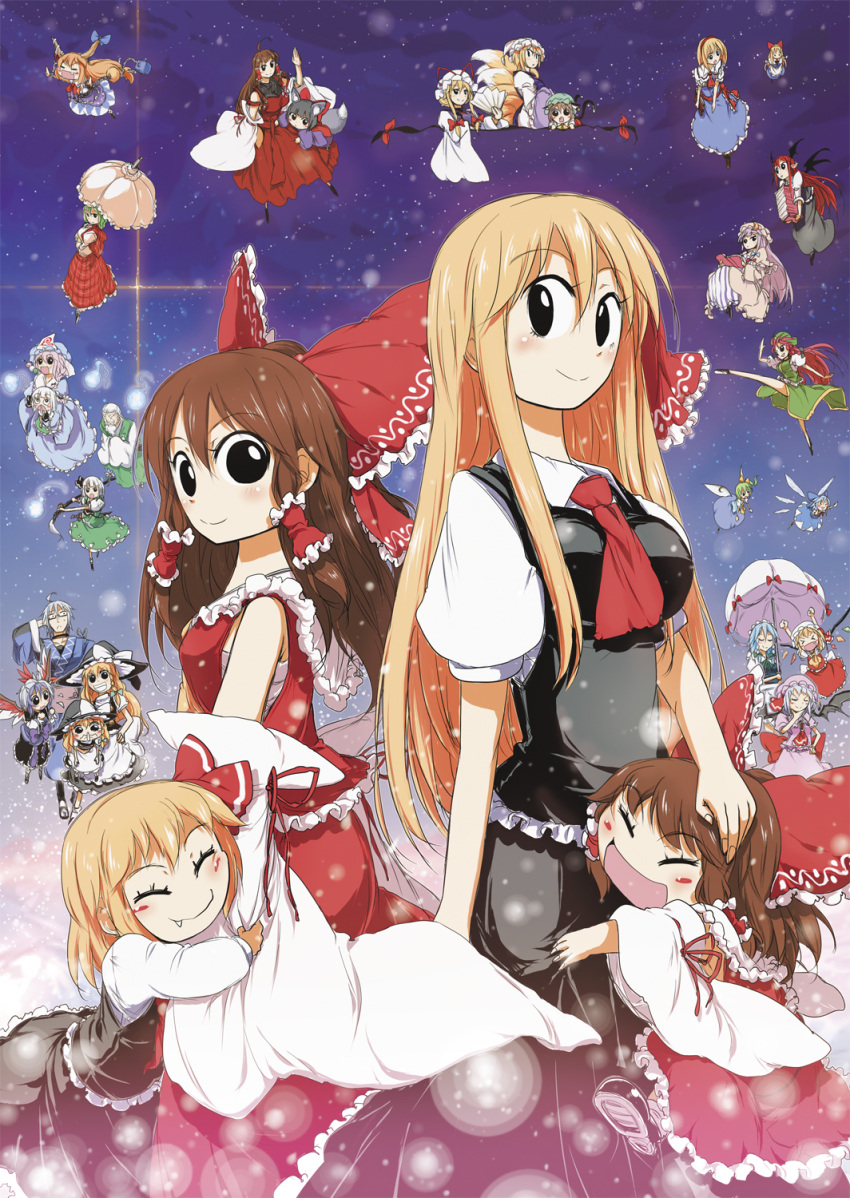 >_<, 2boys, 6+girls, ahoge, alice_margatroid, animal_ears, ascot, bare_shoulders