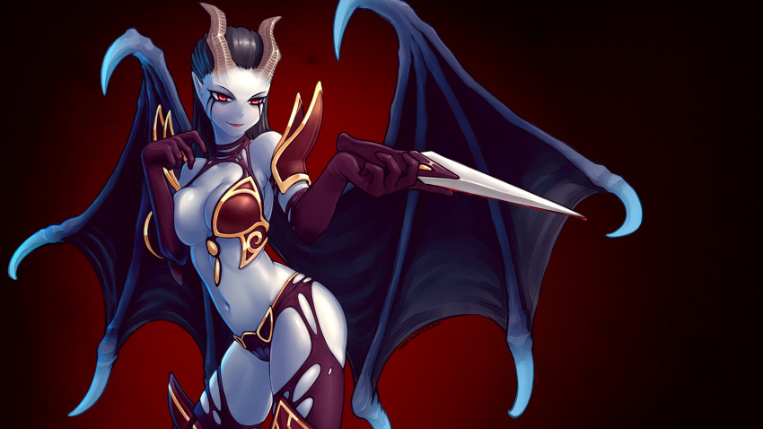 1girl, akasha_the_queen_of_pain, armor, black_hair, blood, blue_skin, breasts, defense_of_the_ancients