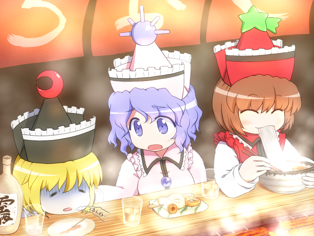 3girls, =_=, ^_^, blonde_hair, blue_eyes, blue_hair, bottle, bowl