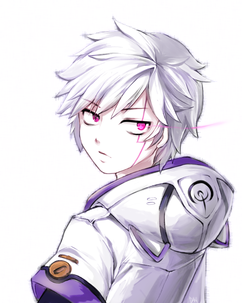 1boy, add_(elsword), dan_(astsr1), elsword, facial_mark, hoodie, looking_back, male, solo, tattoo, violet_eyes, white_background, white_hair