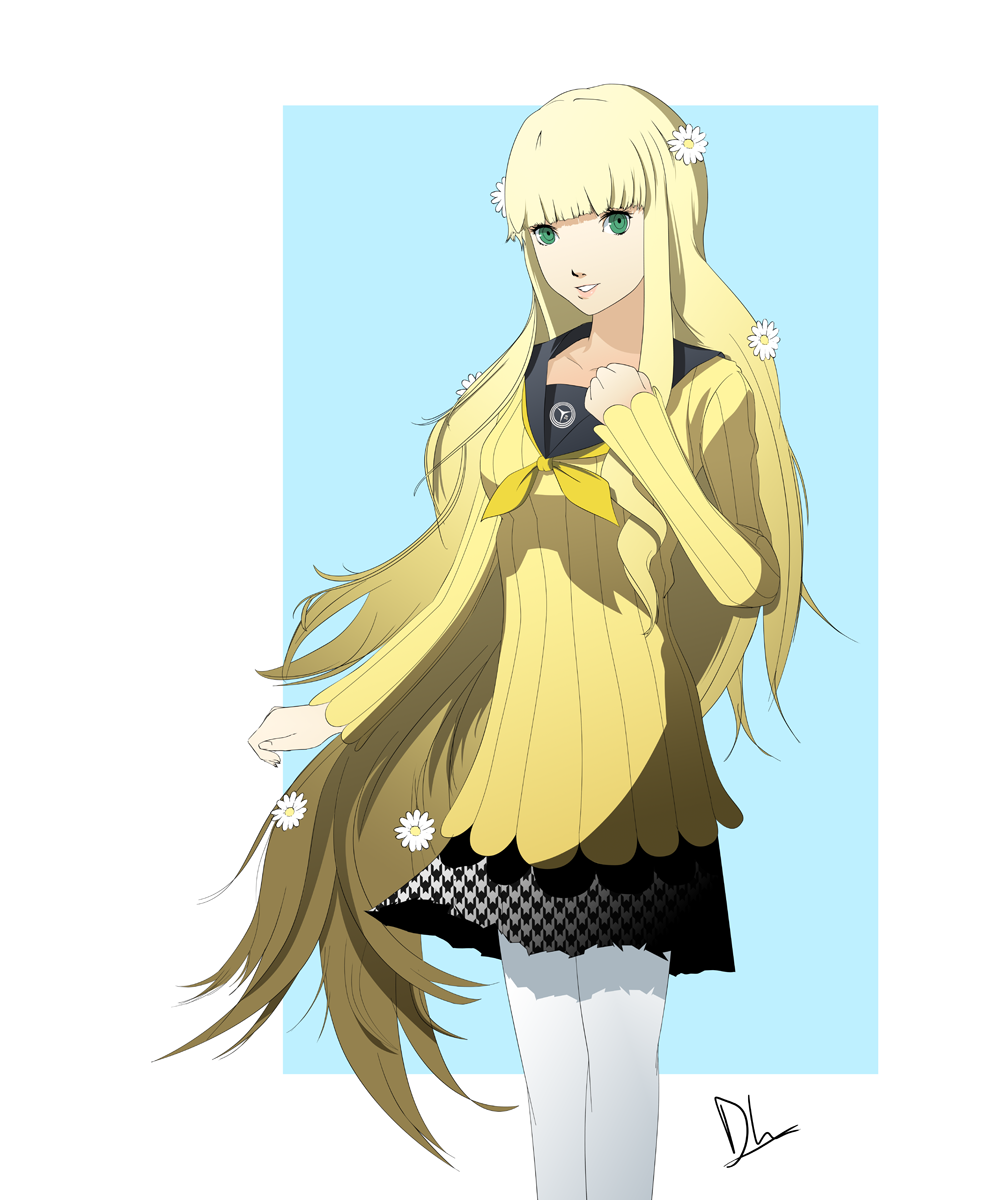 1girl, bangs, blonde_hair, breasts, dh_(brink_of_memories), flower, green_eyes, hair_flower