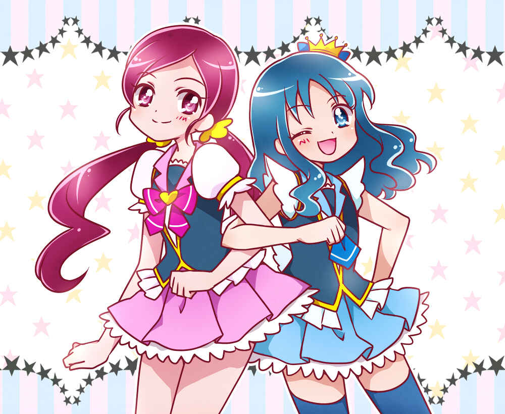 2girls, ;d, black_legwear, blue_dress, blue_eyes, blue_hair, bow, color_connection, cosplay, crown, cure_lovely, cure_lovely_(cosplay), cure_princess, cure_princess_(cosplay), dress, hanasaki_tsubomi, happinesscharge_precure!, heartcatch_precure!, kagami_chihiro, kurumi_erika, locked_arms, long_hair, mini_crown, multiple_girls, open_mouth, pink_dress, pink_eyes, pink_hair, precure, ribbon, skirt, smile, thighhighs, twintails, wink