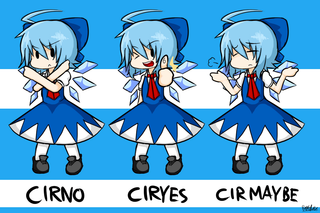 1girl, :<, blue_eyes, blue_hair, bow, cirno, dress, english, hair_bow, pun, raythalosm, ribbon, short_hair, solo, thumbs_up, touhou, wings