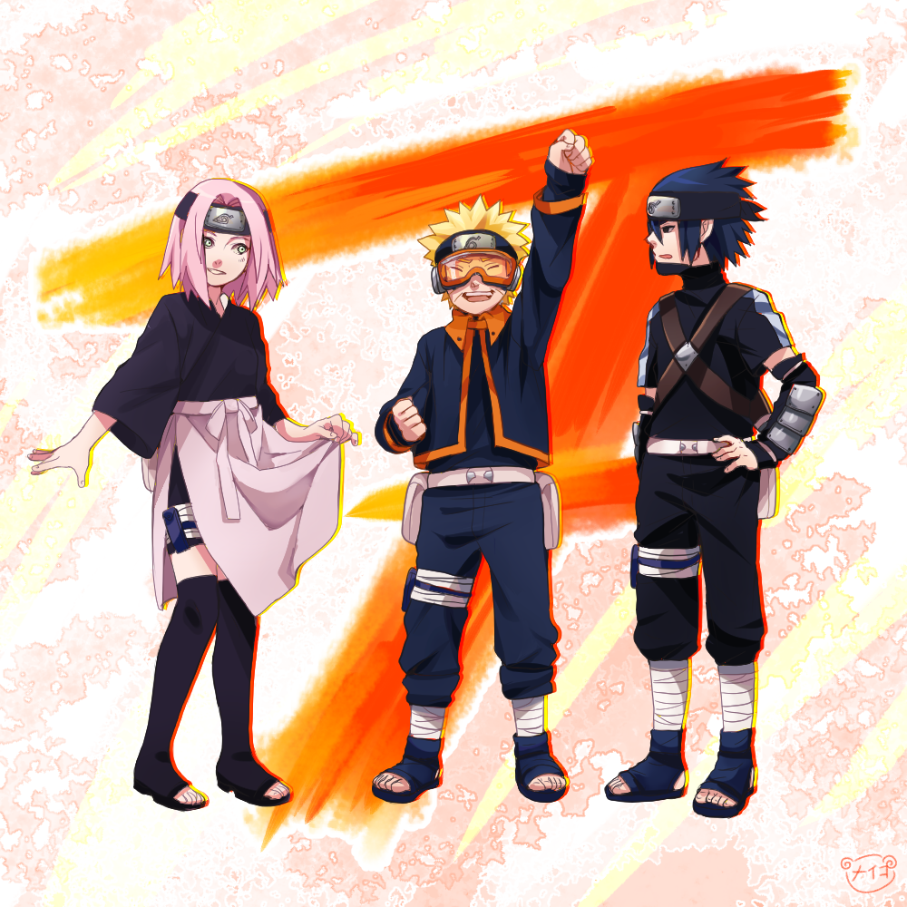1girl, 2boys, black_eyes, black_hair, blonde_hair, closed_eyes, forehead_protector, goggles