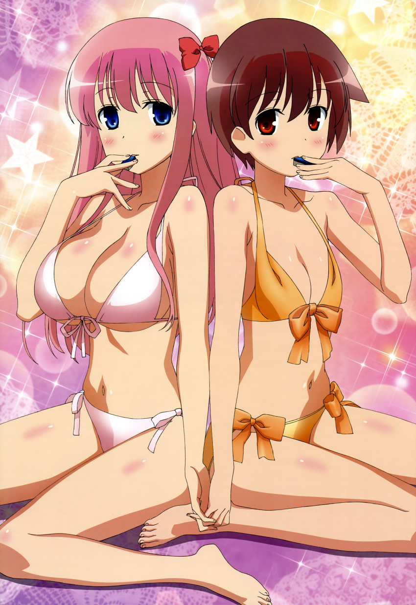 2girls, absurdres, barefoot, bikini, blue_eyes, board_game, bow, breasts