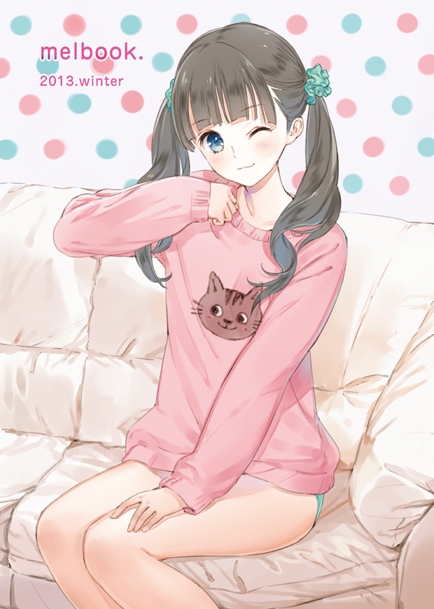1girl, black_hair, blue_eyes, cat, couch, kishida_mel, long_hair, looking_at_viewer